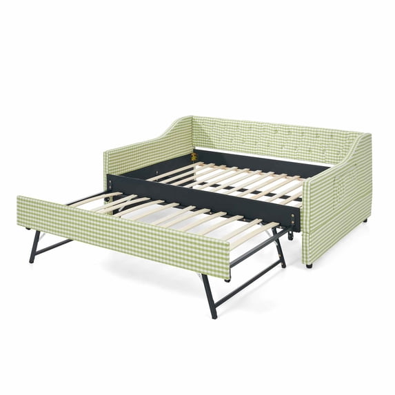 MIKIBAMA Green Full Size Gingham Upholstered Daybed with Pull‑Out Trundle, Solid Wood Frame, Side Storage Pockets, Sofa Bed for Guest Bedroom
