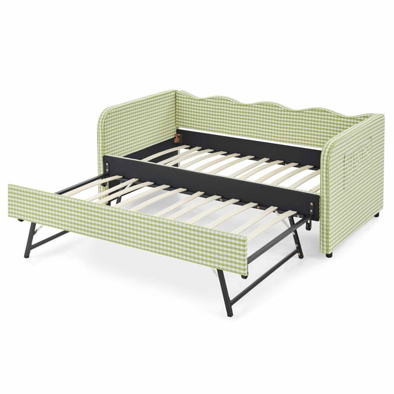 MIKIBAMA Green Twin Size Gingham Upholstered Daybed with Pull‑Out Trundle, Solid Wood Frame, Side Storage Pockets, Sofa Bed for Guest Bedroom