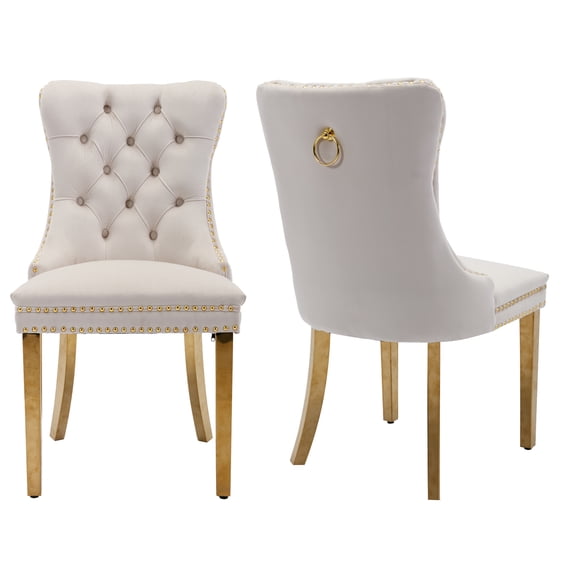 MIKIBAMA High-End Tufted Velvet Dining Chair Set of 2,Solid Wood Contemporary, Golden Stainless Steel Plated Legs and Nailhead Trim, Beige and Gold