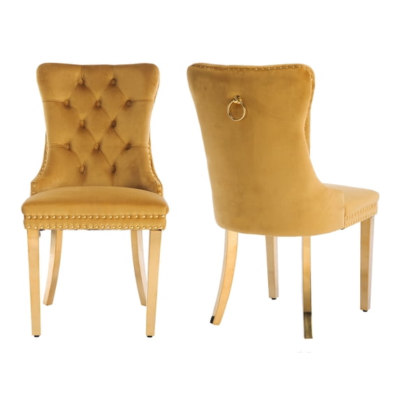 MIKIBAMA High-End Tufted Velvet Dining Chair Set of 2, Solid Wood Contemporary, Golden Stainless Steel Plated Legs and Nailhead Trim, Gold