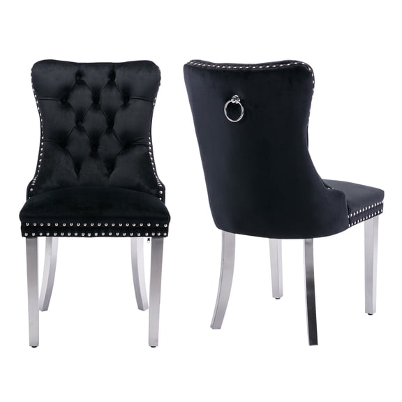 MIKIBAMA High-End Tufted Velvet Dining Chair Set of 2, Solid Wood with Chrome Stainless Steel Legs and Nailhead Trim, Black Chrome