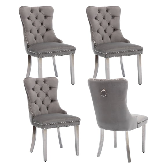 MIKIBAMA High-End Tufted Velvet Dining Chair Set of 4, Solid Wood with Chrome Stainless Steel Legs and Nailhead Trim, Gray Chrome