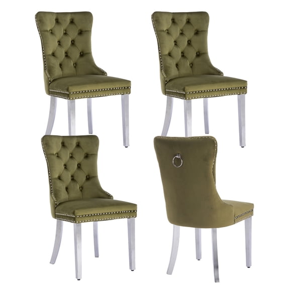 MIKIBAMA High-End Tufted Velvet Dining Chair Set of 4, Solid Wood with Chrome Stainless Steel Legs and Nailhead Trim, Olive Green Chrome