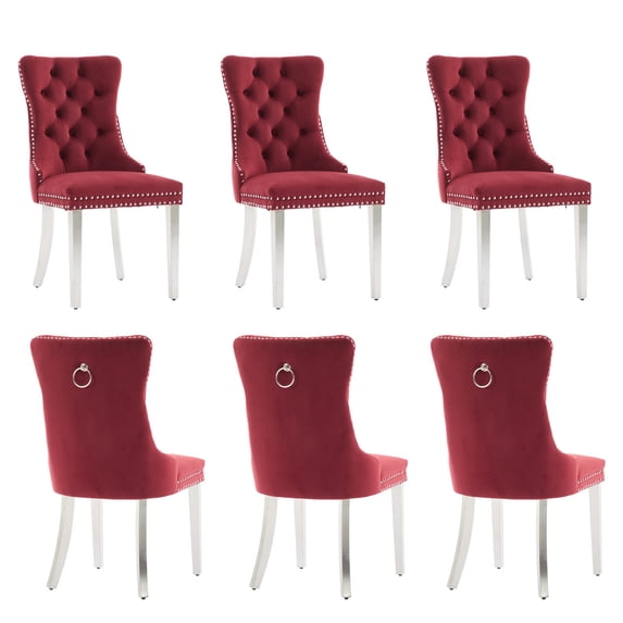 MIKIBAMA High-End Tufted Velvet Dining Chair Set of 6, Solid Wood with Chrome Stainless Steel Legs and Nailhead Trim, Wine Red Chrome