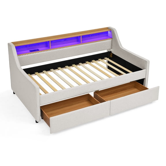 MIKIBAMA Linen Twin Size Upholstery Sofa Bed with Three LED lights,with Two Storage Pull Up drawers and Wireless Charging