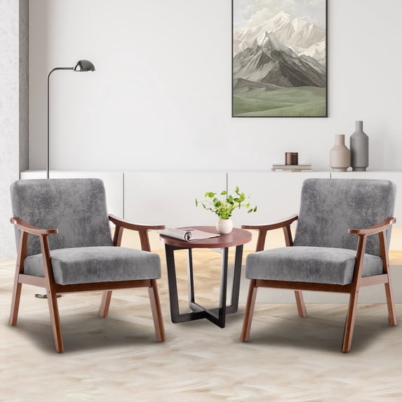 MIKIBAMA Mid-Century Modern Chair with Solid Wood Frame, Accent Chair Extra-Thick Backrest, Grey, Set of 2