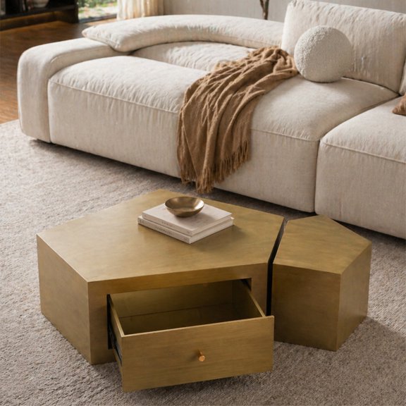 MIKIBAMA Modern Geometric Coffee Table Set of 2, Nesting Table with Drawer, Gold MDF