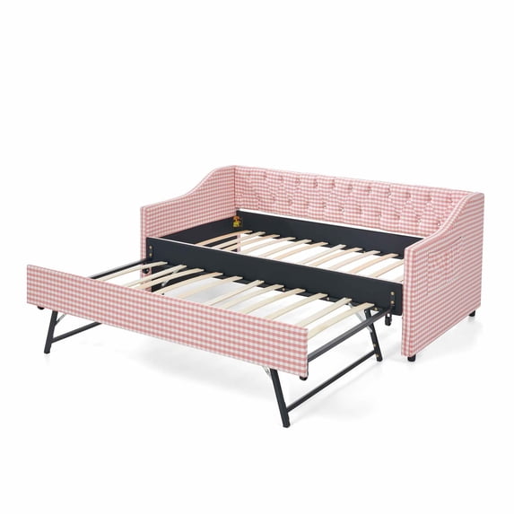 MIKIBAMA Pink Twin Size Gingham Upholstered Daybed with Pull‑Out Trundle, Solid Wood Frame, Side Storage Pockets, Sofa Bed for Guest Bedroom