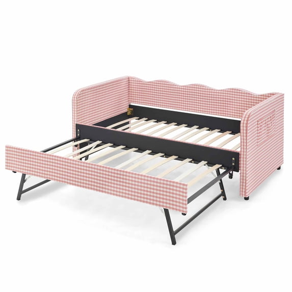 MIKIBAMA Pink Twin Size Gingham Upholstered Daybed with Pull‑Out Trundle, Solid Wood Frame, Side Storage Pockets, Sofa Bed for Guest Bedroom