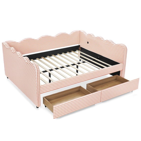 MIKIBAMA Queen Size Linen Fabric Daybed with Two Storage Drawers and USB Port