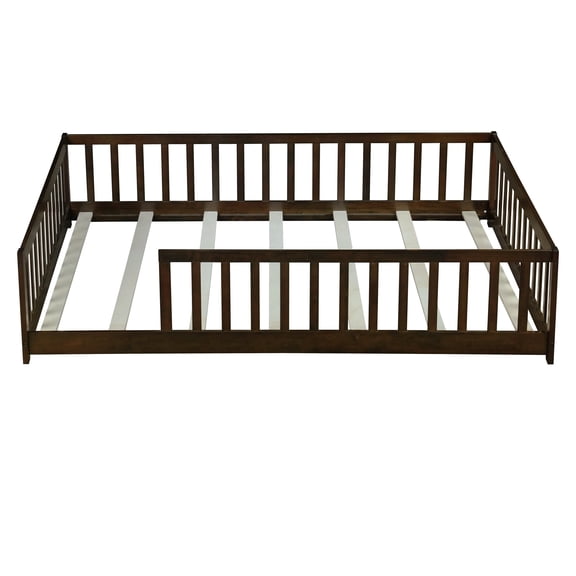 MIKIBAMA Japan Platform Beds Frames Rubber Wood Queen Size Floor Bed with Fence