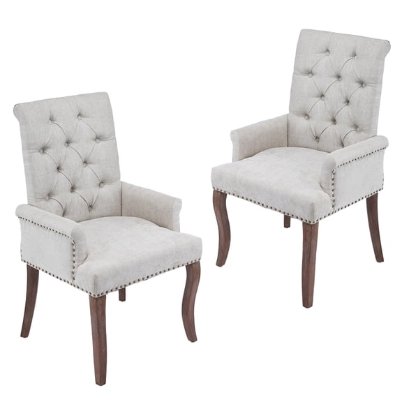 MIKIBAMA Set of 2 Beige Chenille Upholstered Dining Chairs with Armrest, Tall Back Tufted Side Chair, Solid Wood Legs for Home Dining