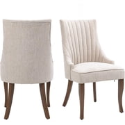 MIKIBAMA Set of 2 Beige Linen Channel Tufted Upholstered Dining Chairs, Sturdy Solid Wood Legs, High Back Padded Side Chairs for Dining Room, Kitchen