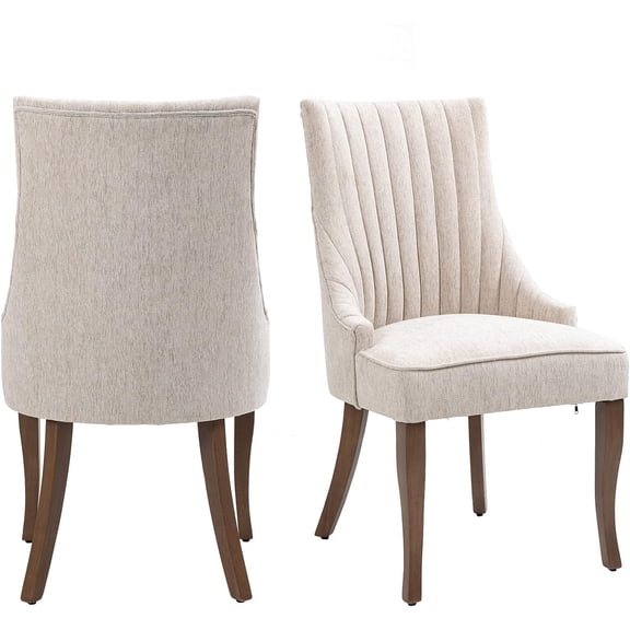 MIKIBAMA Set of 2 Beige Linen Channel Tufted Upholstered Dining Chairs, Sturdy Solid Wood Legs, High Back Padded Side Chairs for Dining Room, Kitchen