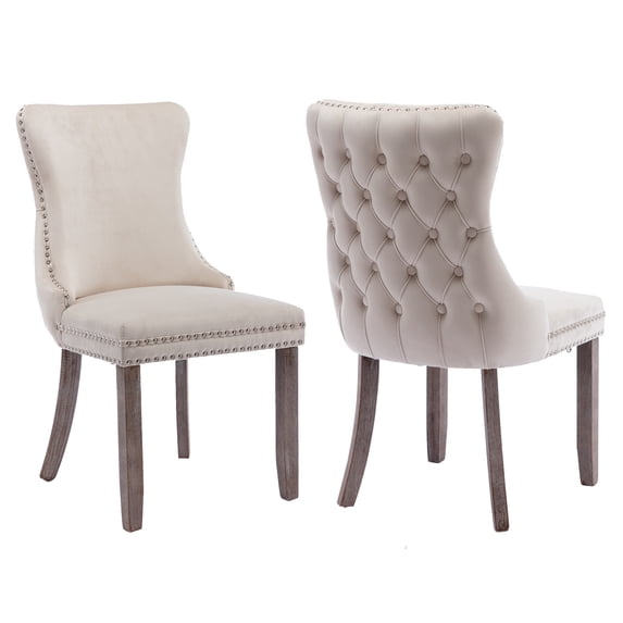 MIKIBAMA Set of 2 Beige Tufted Velvet Dining Chairs Solid Wood Frame for Dining Room