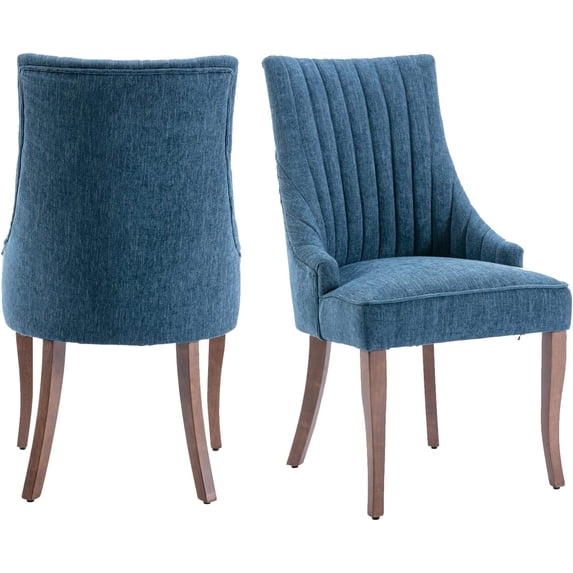 MIKIBAMA Set of 2 Blue Linen Channel Tufted Upholstered Dining Chairs Sturdy Solid Wood Legs for Dining Room