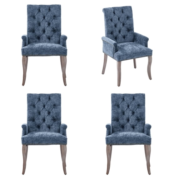 MIKIBAMA Set of 4 Blue Chenille Upholstered Dining Chairs with Armrest, Tall Back Tufted Side Chair, Solid Wood Legs for Home Dining