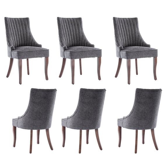 MIKIBAMA Set of 6 Gray Linen Channel Tufted Upholstered Dining Chairs Sturdy Solid Wood Legs for Dining Room
