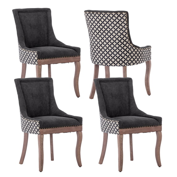 MIKIBAMA Upholstered Dining Chairs Set of 4, Black Fabric, Distressed Brown Wood Legs