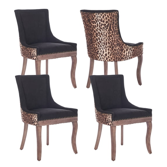 MIKIBAMA Leopard Upholstered Wooden Side Dining Chair with Padded Seat, Set of 4