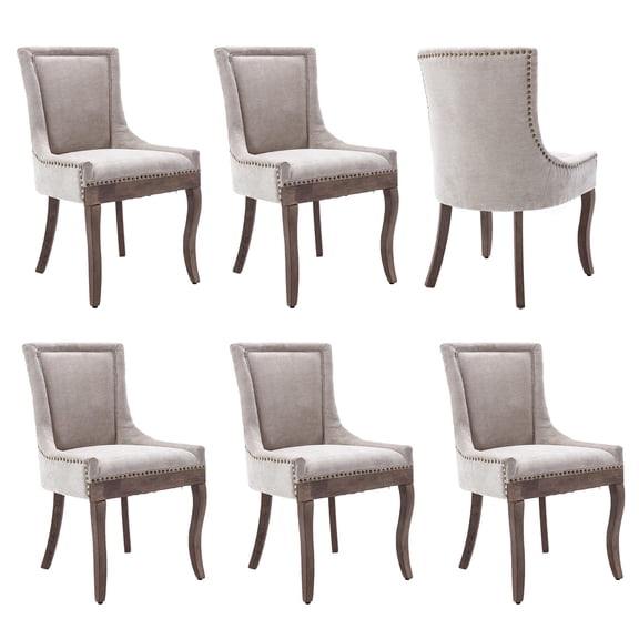 MIKIBAMA Upholstered Side Dining Chairs, Beige Fabric, Wood Legs, Set of 6