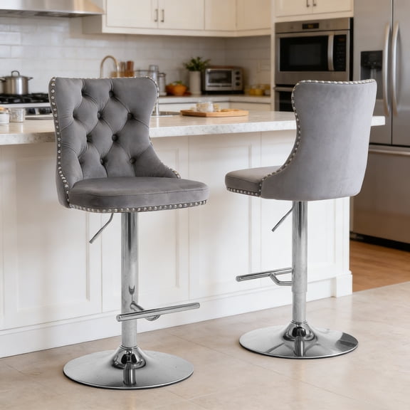 MIKIBAMA Swivel Velvet Barstools Adjusatble Seat Height from 25-33 Inch, Modern Upholstered Chrome base Bar Stools Set of 2