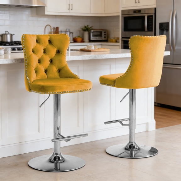 MIKIBAMA Swivel Velvet Barstools Adjusatble Seat Height from 25-33 Inch, Modern Upholstered Chrome base Bar Stools Set of 2