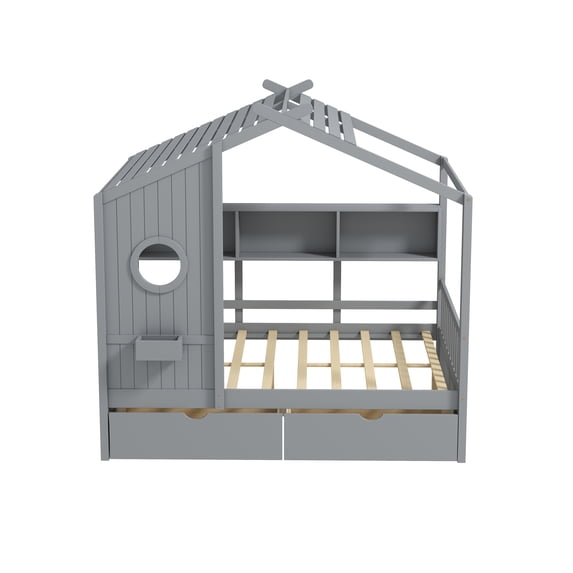 MIKIBAMA Kids Twin House Bed Frame with Drawers and Shelves, Gray Wood Platform Bed