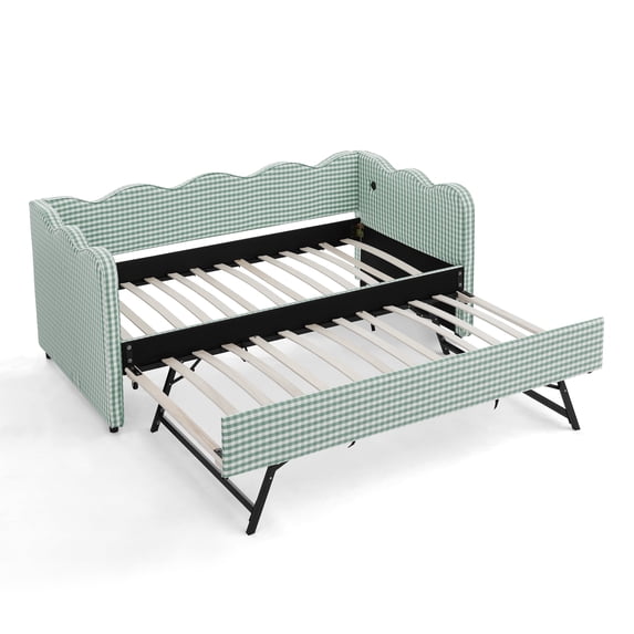 MIKIBAMA Twin Size Gingham Upholstered Daybed with Trundle and USB Port