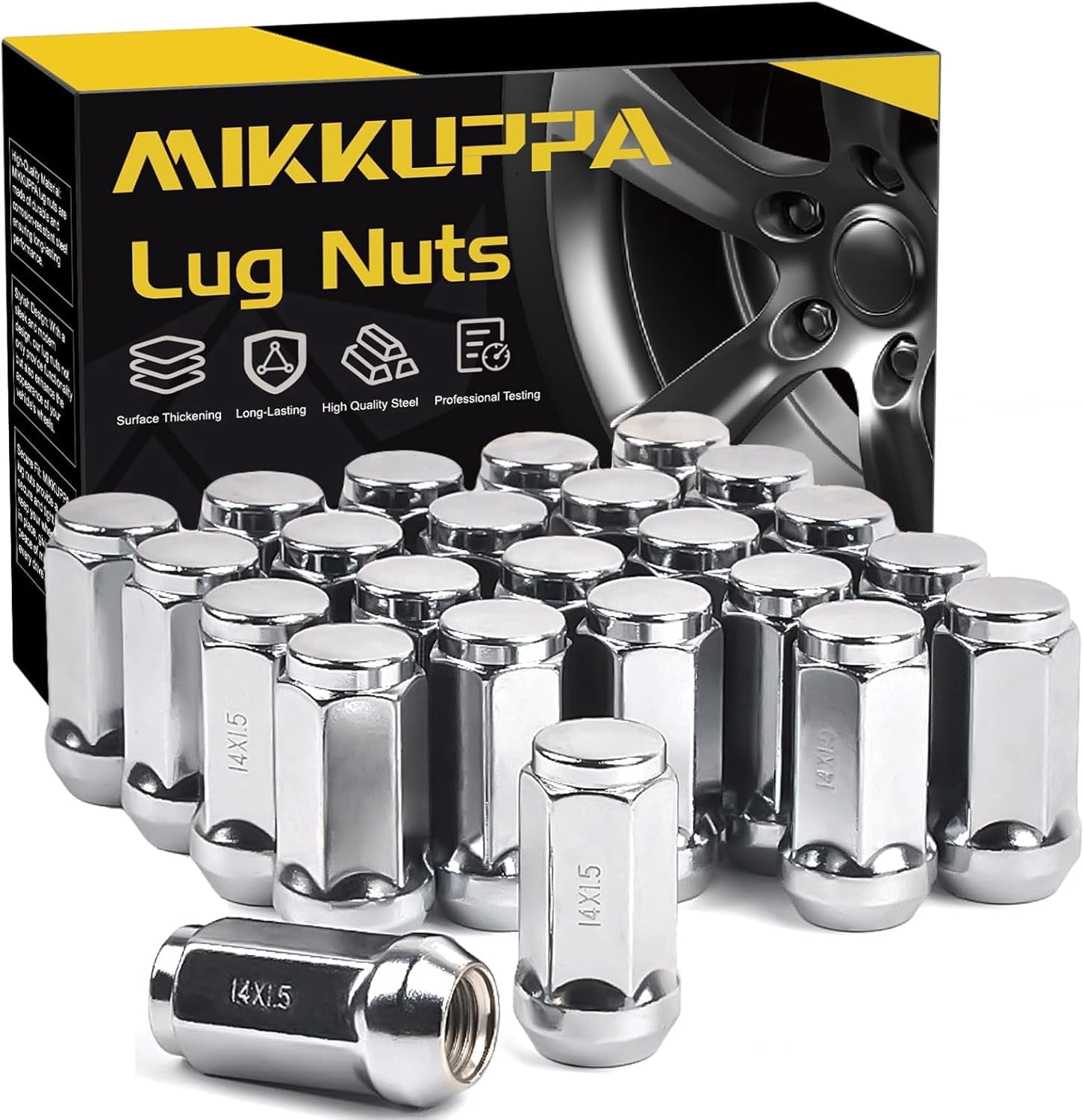 MIKKUPPA M14x1.5 Lug Nuts - Replacement for Chevy Silverado 1500 Traverse Colorado Tahoe, GMC Sierra Savana Aftermarket Wheel, Chrome 24pcs Wide 23mm Closed End Bulge Acorn One-Piece Tire Lug Nut