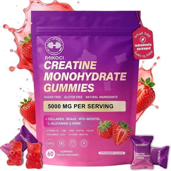 MIKOCI Strawberry Flavor Creatine Monohydrate Gummies | Collagen, BCAAs, L-Glutamine, Biotin, Zinc, Vitamin D3 & Hyaluronic Acid | Sugar-Free Pre & Post Workout Recovery Gummies, 60 Count