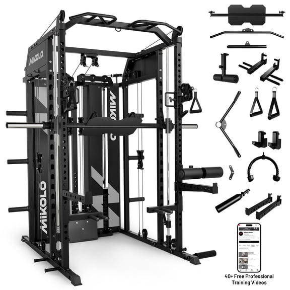 Mikolo Horus Smith Machine & Functional Trainer, 2×2"Uprights (33 Holes), Dual 128LBS Weight Stack, Dual High/Low Cables, Full Body Workout Home Gym