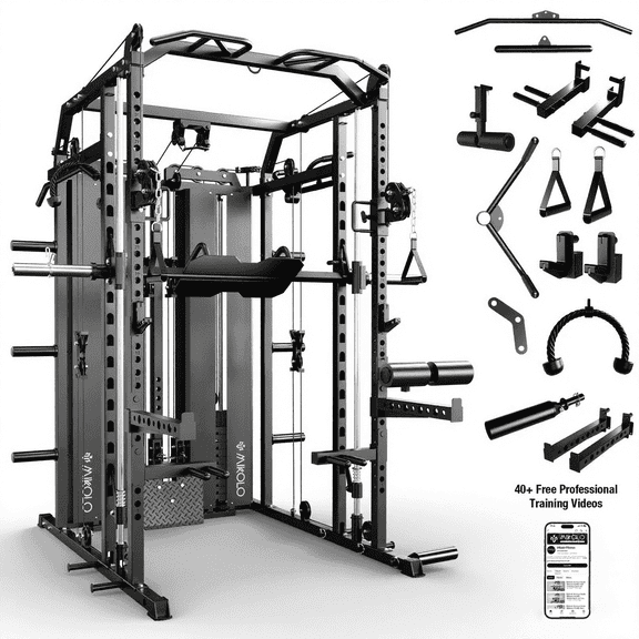 Mikolo Functional Trainer & Smith Machine, 2×2"Uprights (33 Holes), Dual 132LBS Weight Stack, Dual High/Low Cables, Full Body Workout Home Gym
