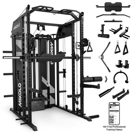 Mikolo Horus Smith Machine & Functional Trainer, 2×2"Uprights (33 Holes), Dual 128LBS Weight Stack, Dual High/Low Cables, Full Body Workout Home Gym