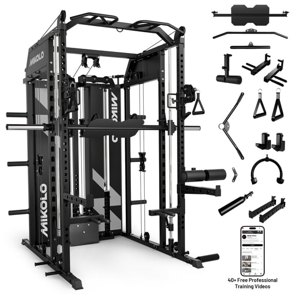 Mikolo Horus Smith Machine & Functional Trainer, 2×2"Uprights (33 Holes), Dual 128LBS Weight Stack, Dual High/Low Cables, Full Body Workout Home Gym