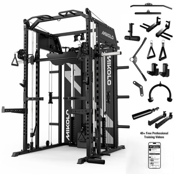 Mikolo Horus Smith Machin & Functional Trainer, 2×2"Uprights (33 Holes), Dual 128LBS Weight Stack, Centralized Resistance Lat & Row System, Full Body Workout Home Gym