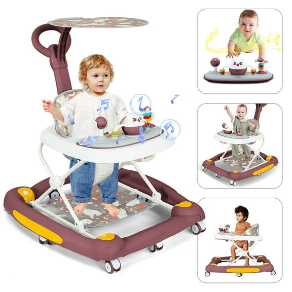 Huber 6-in-1 Baby Walker, Musical Activity Push Walker with Detachable Awning Footrest, Red