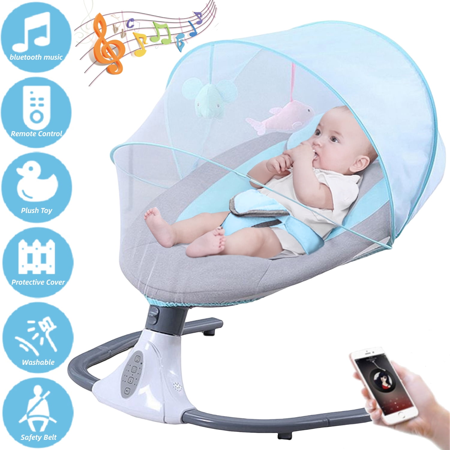 OUKANING Blue Baby Rocker Electric Baby Swing with Music and Seat  Detachable Mosquito Net Rocking Chair