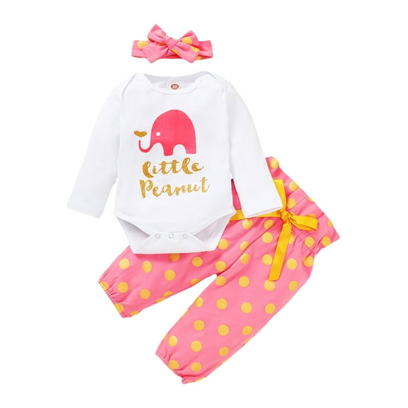 MIKRDOO Newborn Outfits For Newborn Baby Girls Jumpsuit Elephant Romper Wave Point Pants Headband 3PCS Clothes Set White 6-12 Months