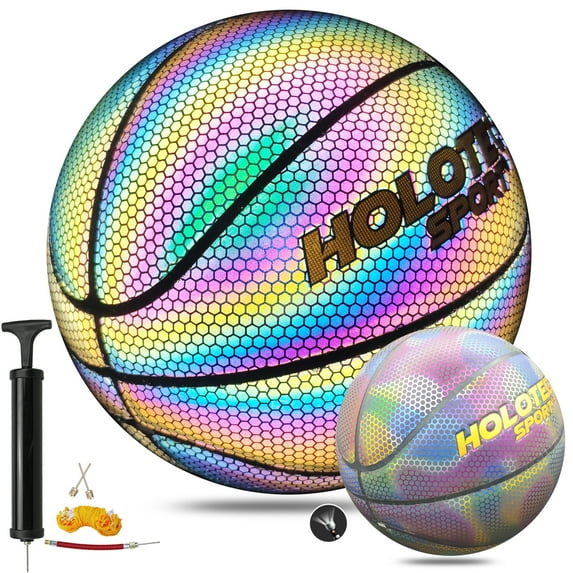 MILA CHIC Basketball, Holographic Glowing Basketball Indoor Outdoor Size 6 (28.5"), Reflective Glowing Composite Leather Basketball Gift for Girls, Boys, Adults Night Game
