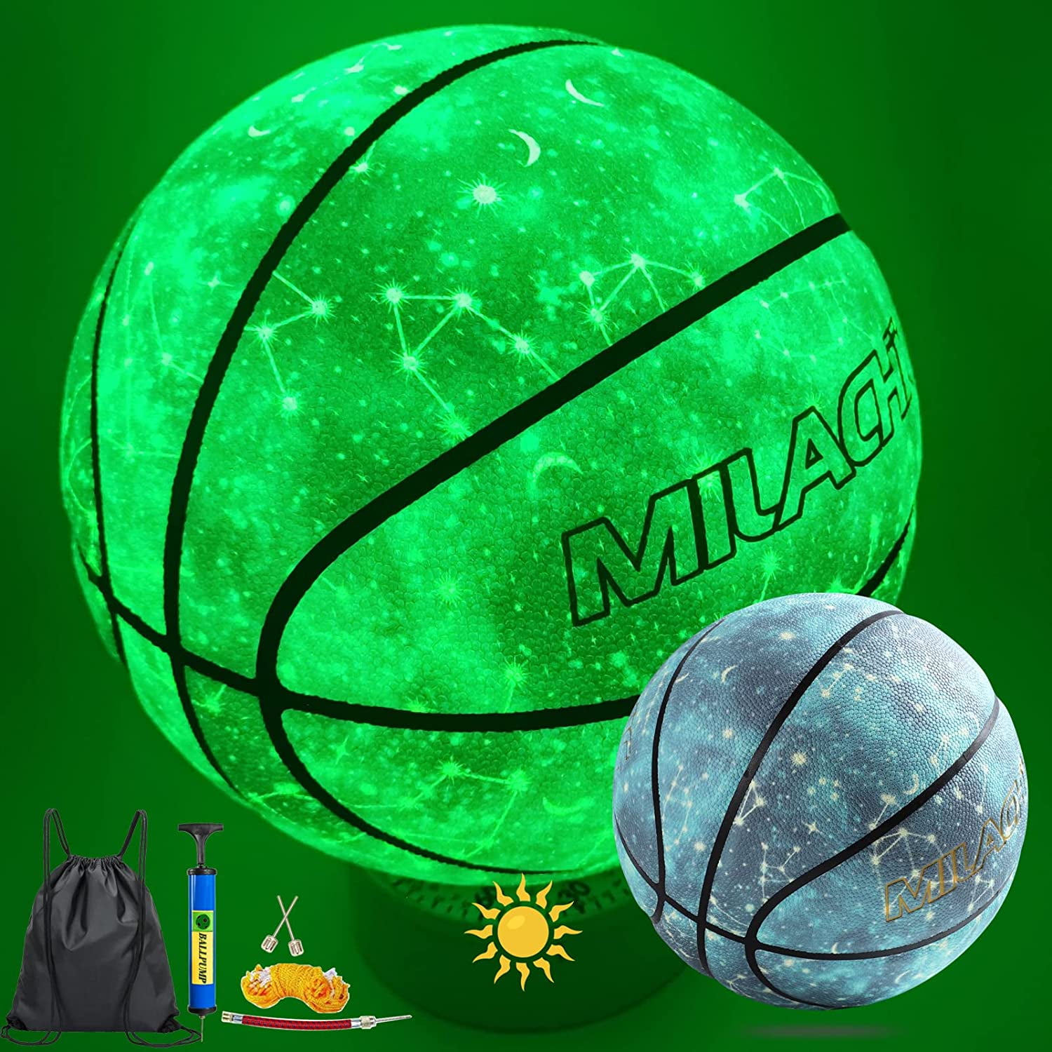MILACHIC Basketball, Glow in the Dark Basketball - Glowing Composite Leather Luminous Basketball Gift for Boys, Girls, Youth, Adults, Indoor-Outdoor Night Basketball Size 7 29.5" with Pump