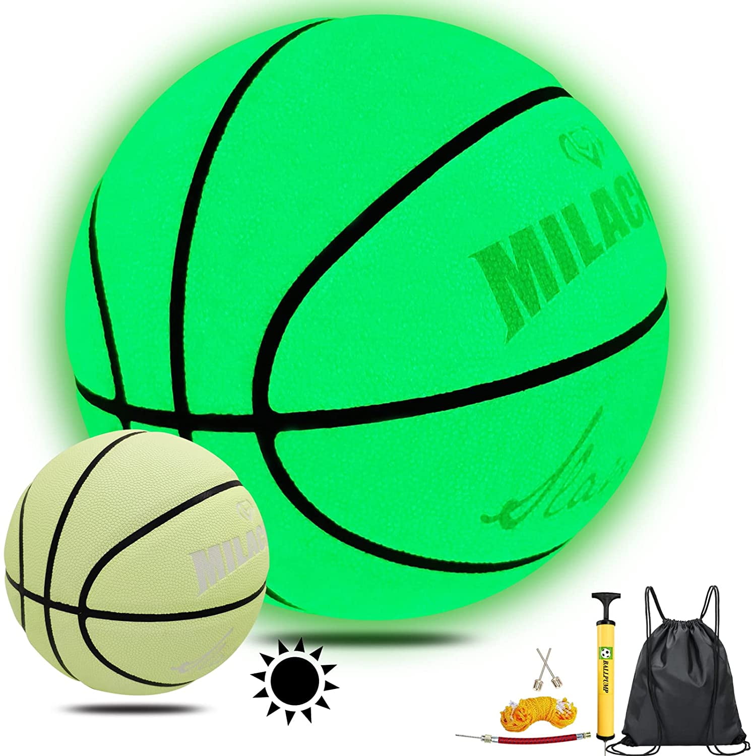 MILACHIC Basketball Glow in The Dark, Glowing Leather Basketball 29.5" with Pump, Green Light up Basketball Gift for Men Indoor-Outdoor Night Game & Training - Official Size 7 C21