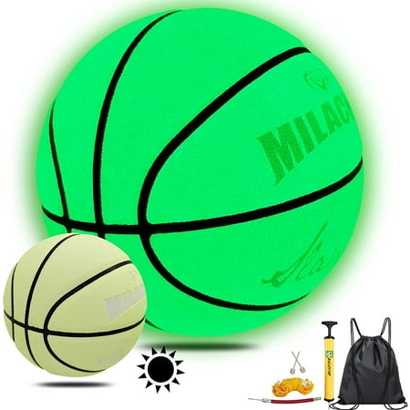 MILACHIC Basketball Glow in The Dark, Glowing Leather Basketball 29.5" with Pump, Green Light up Basketball Gift for Men Indoor-Outdoor Night Game & Training - Official Size 7 C21