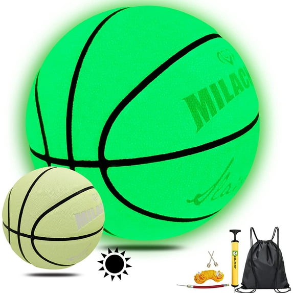 MILACHIC Basketball Glow in The Dark, Glowing Leather Basketball 29.5" with Pump, Green Light up Basketball Gift for Men Indoor-Outdoor Night Game & Training - Official Size 7 C21