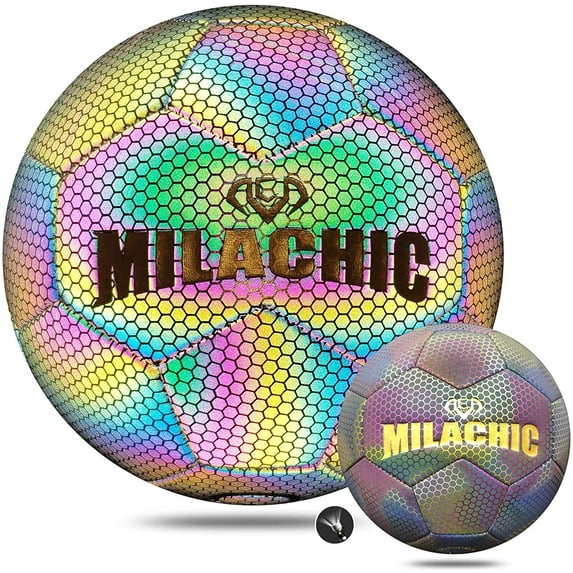 MILACHIC Soccer Ball, Holographic Soccer Ball Size 4, Reflective Hologram Glowing Soccer Ball with Needles and Pump for Boys, Girls, Youth, and Adult Night Games
