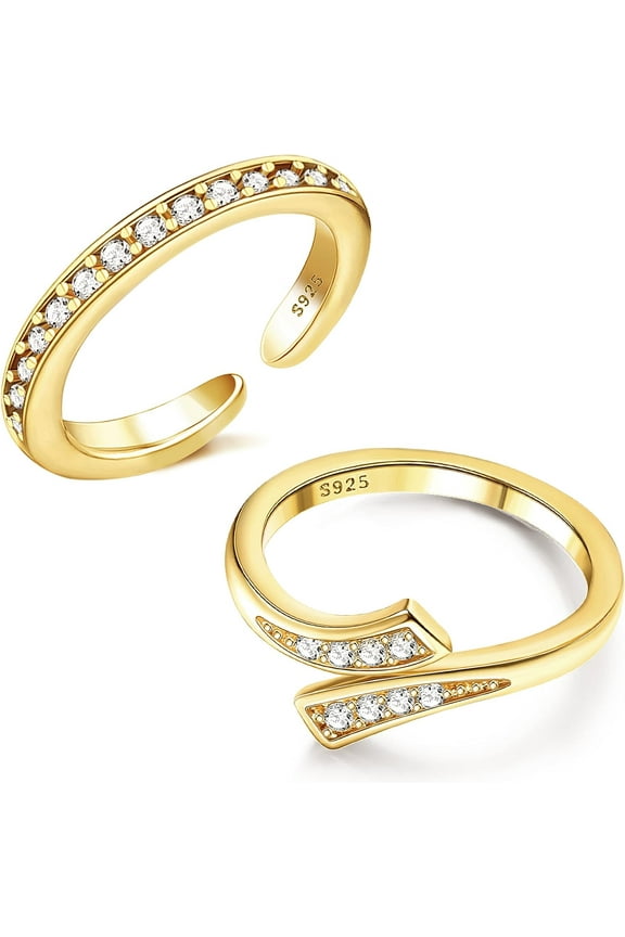 2Pcs Sterling Silver Toe Rings Set Cubic Zirconia Adjustable Band Rings Fitted Wrap Around Toe Ring for Women Summer Barefoot Jewelry