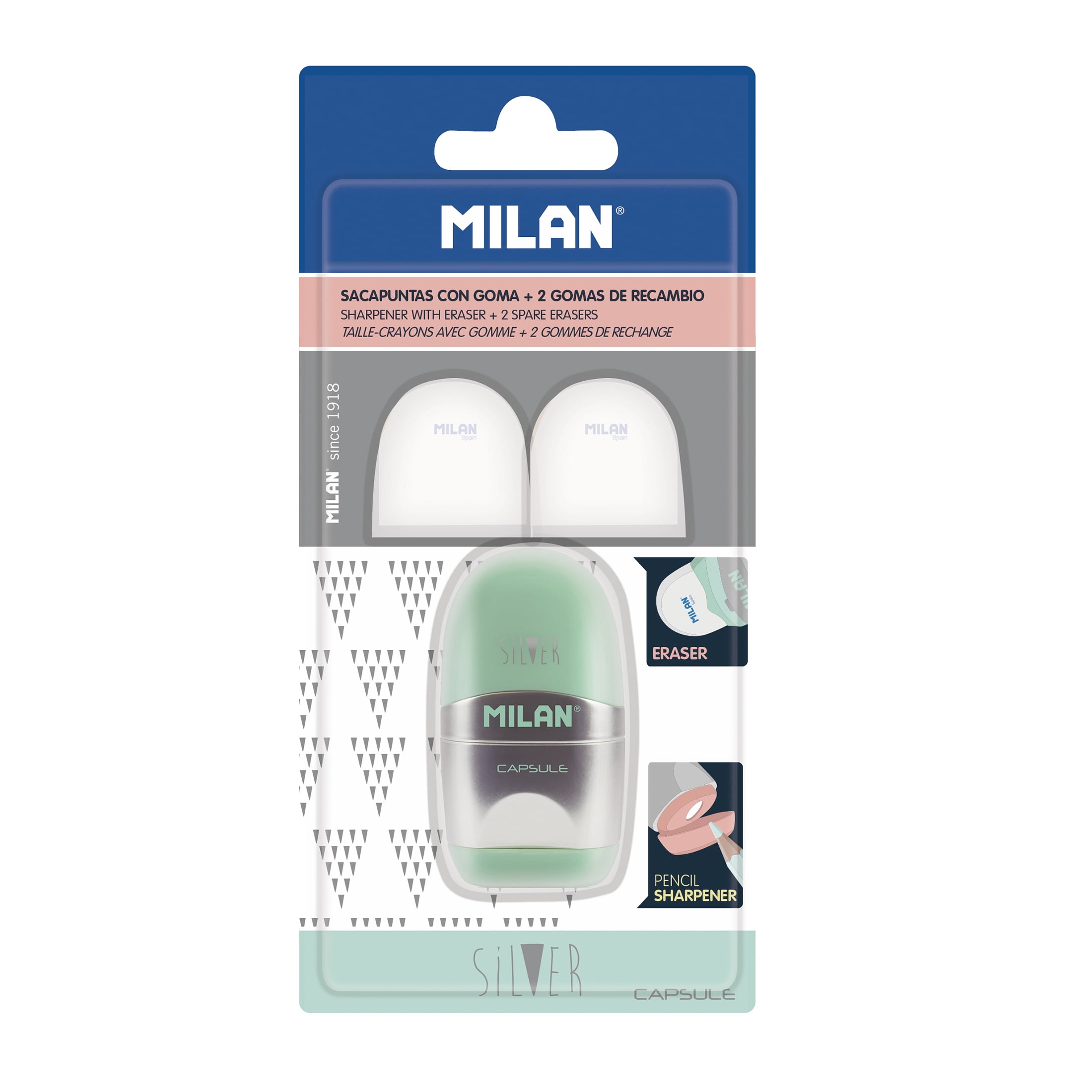 MILAN CAPSULE Silver Handheld Manual Pencil Sharpener with Eraser Comes with 2 Spare Erasers, Multicolor, New 2.5 in