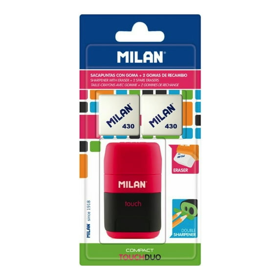MILAN Compact Duo Manual Pencil Sharpeners with 2 Erasers, Assorted Colors