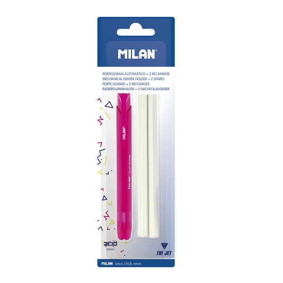 MILAN Tri Jet Stick Eraser Comes with Spare Erasers Triangular White, 2 Count, New