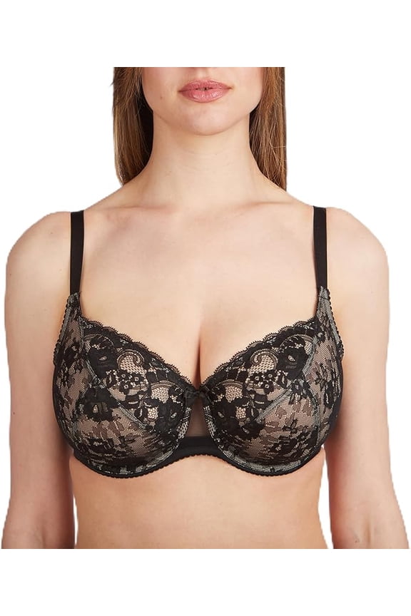 MILAVITSA Bra with Underwire, lace with Rose Pattern, with Soft Cups, Color: Black With Nude, Size 32C